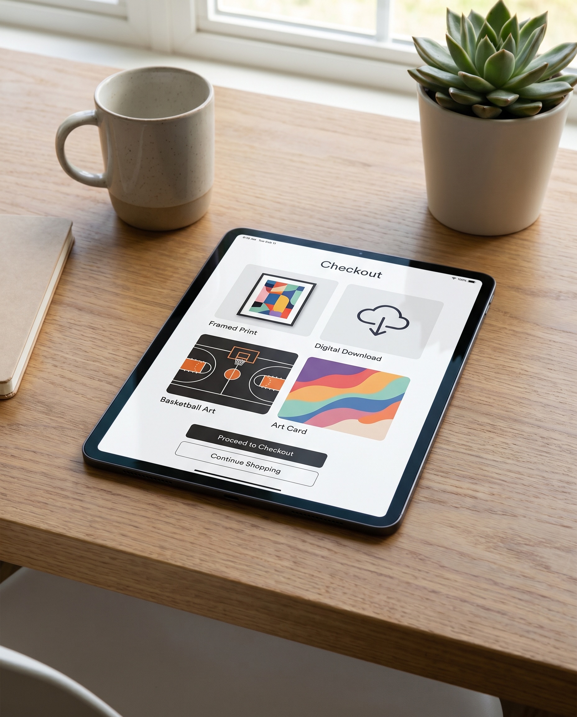 Tablet showing abstract basketball print and digital download purchase options with no people