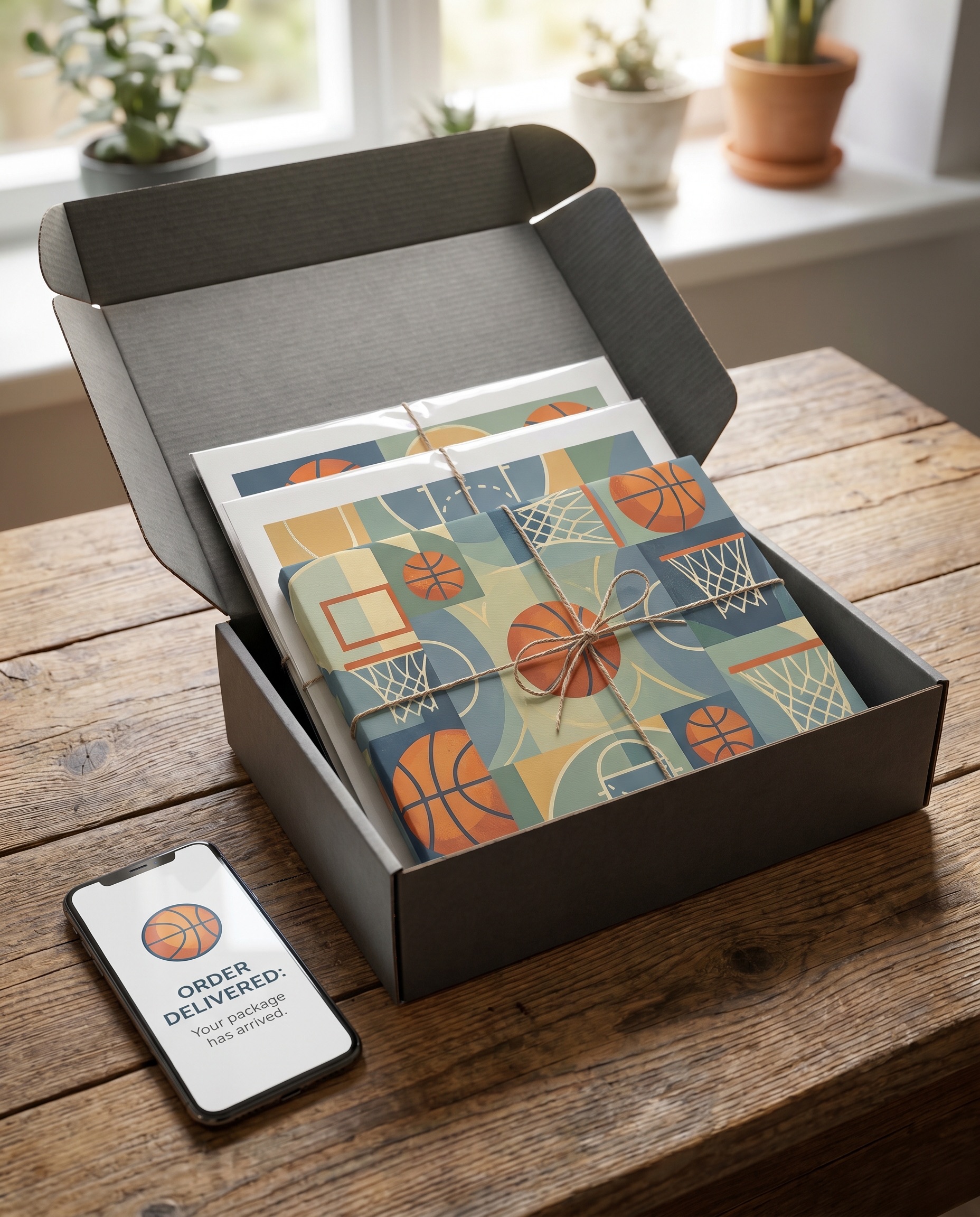 Packaged basketball-themed print order and digital delivery confirmation with no people