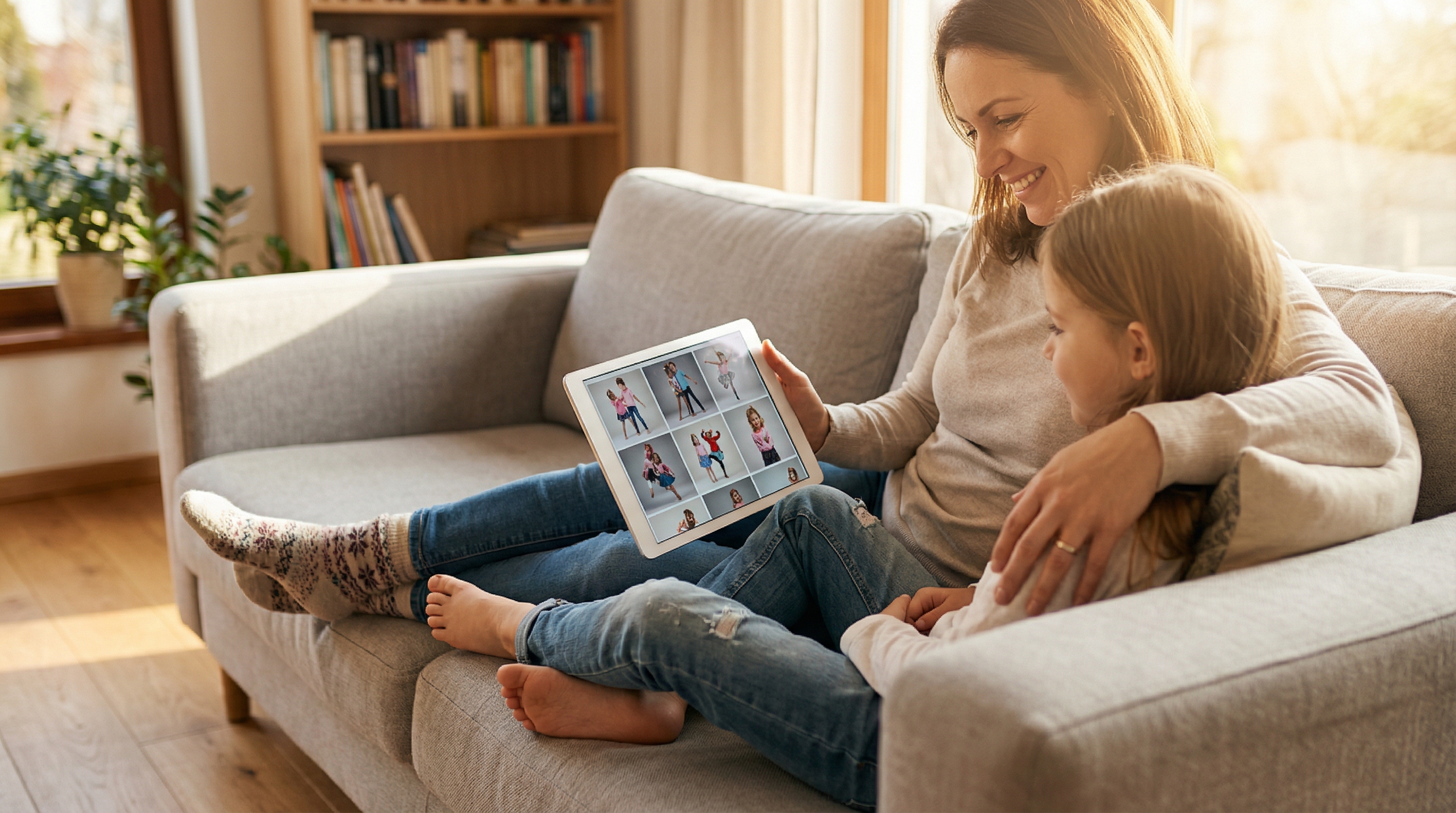 Parent reviewing child portrait gallery on phone