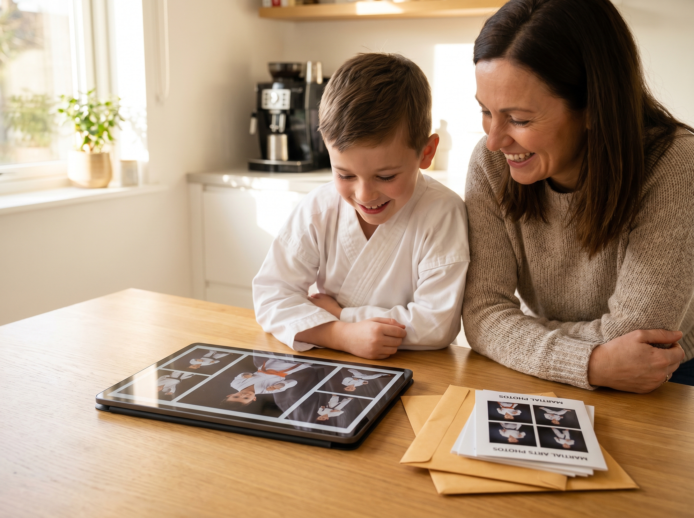 Parent and child reviewing delivered martial arts photos at home