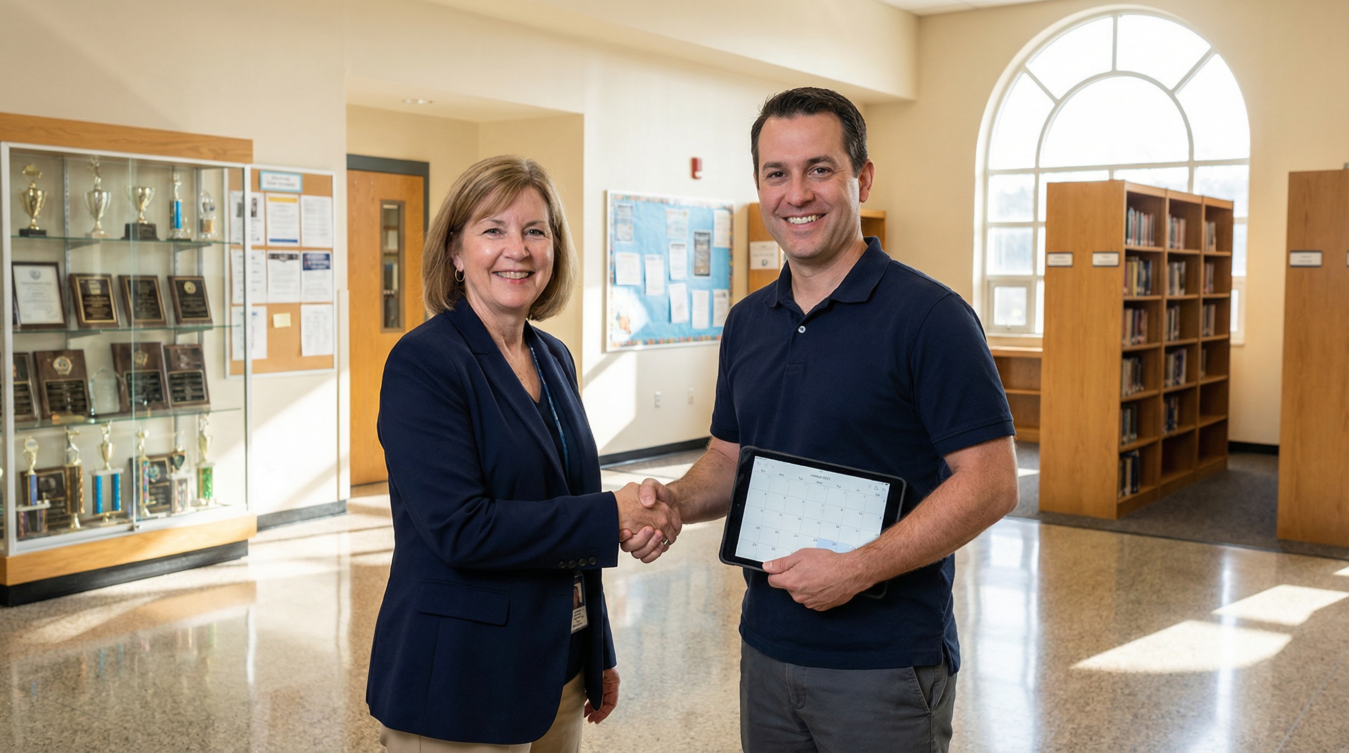 School administrator and photographer planning picture day schedule