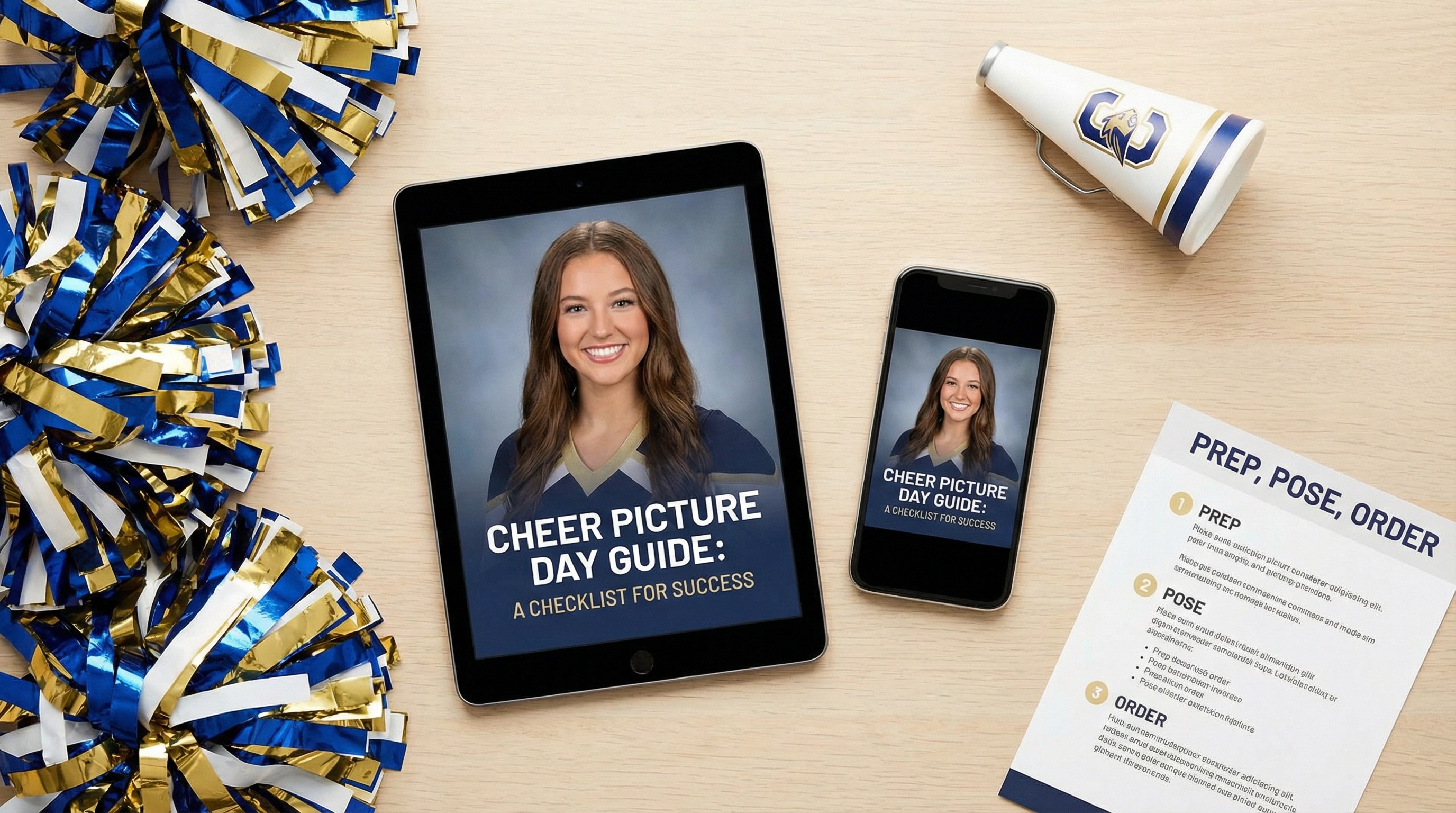 Cheer picture day planning guide shown on tablet and phone