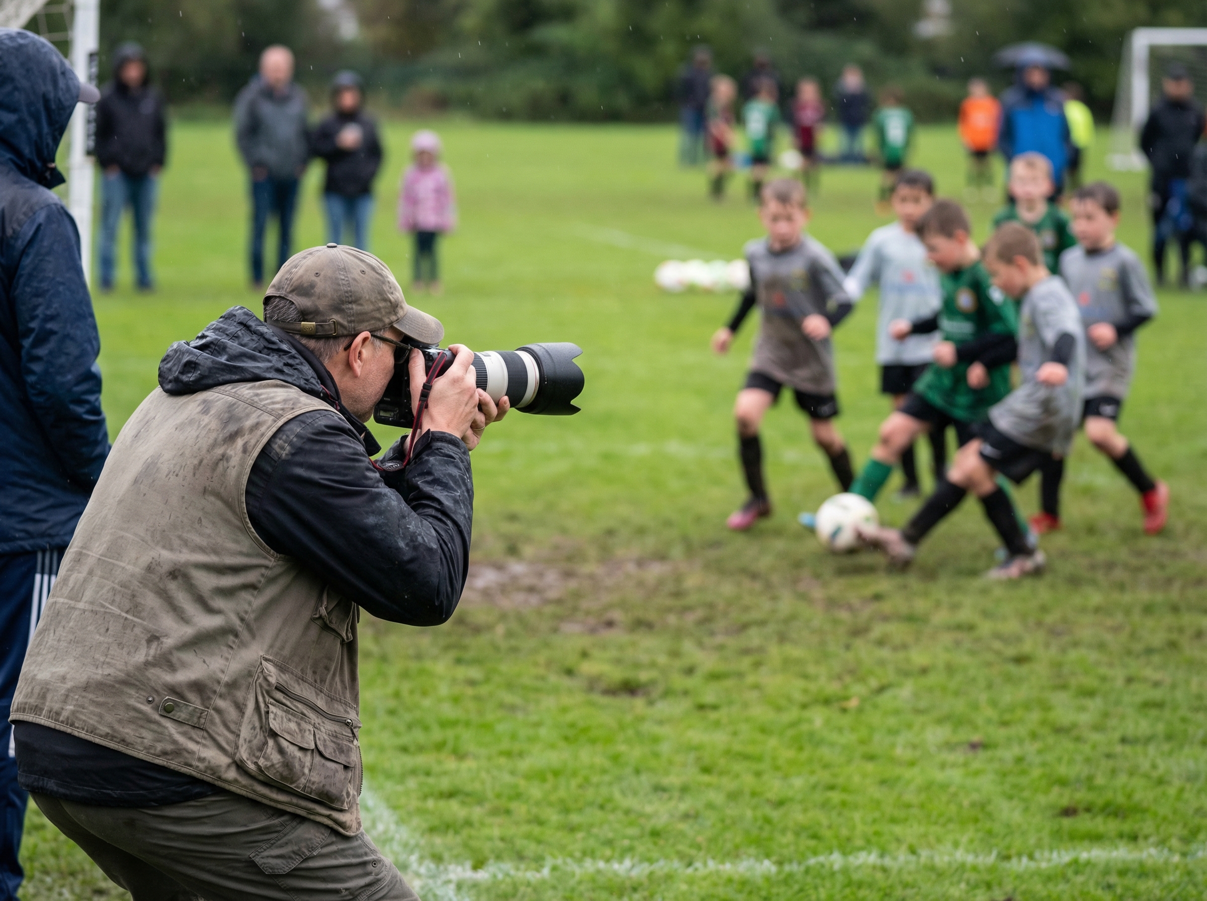Sports photographer at a youth soccer game sideline