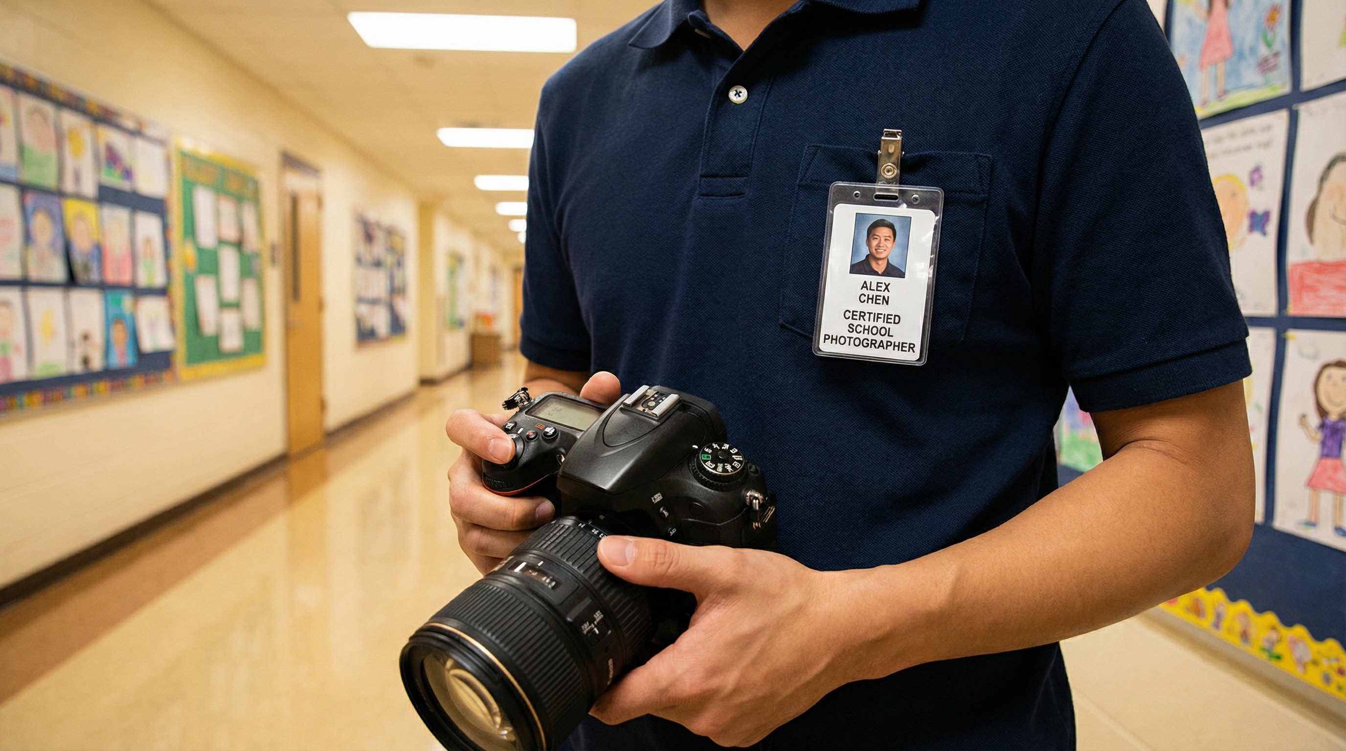 Photographer credential badge in school hallway